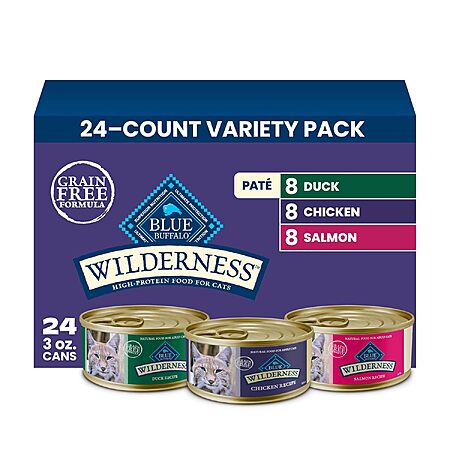 24-Count 3-Oz Blue Buffalo Wilderness Variety Pack Adult Wet Cat Food Pâté (Chicken, Salmon & Duck) $20.57 w/ S&S + Free Shipping w/ Prime or on $35+