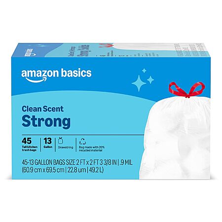Prime Members: 45-Ct Amazon Basics Tall Kitchen Drawstring Trash Bags $4.60 w/ S&S + Free S&H