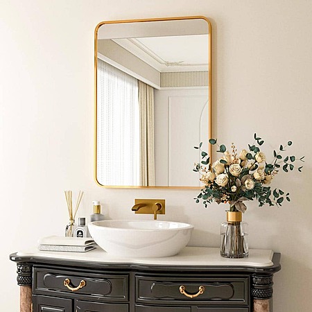 24" x 36" Xramfy Rectangular Aluminum Alloy Framed Rounded Wall Mirror (Gold) $38.23 + Free Shipping