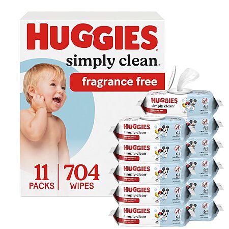 11-Pack Huggies Simply Clean Unscented Baby Wipes (704-Count) $11.88 w/ S&S + Free Shipping w/ Prime or on $35+