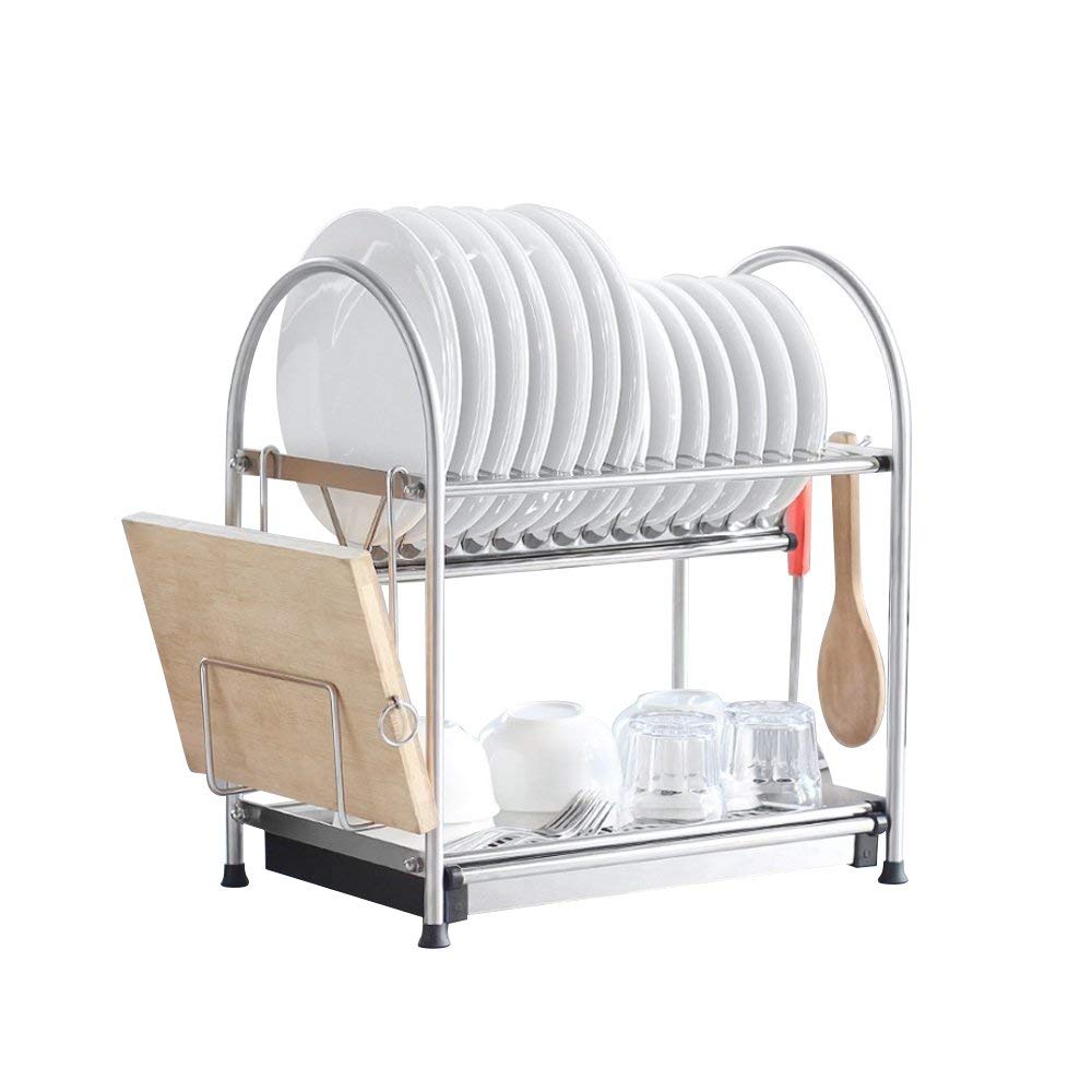 Stainless Steel​ 2-Tier Dish Rack With Draining Pan + Cutting Board Holder $36.52