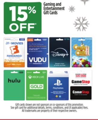 Dollar General in store gift card deals, 12/1-12/7, 15% off select entertainment (Gamestop, Hulu, Disney+, XBOX Live Gold), 15% off select dining (Wendy's, Subway, Outback) + more