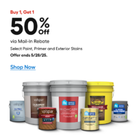 Lowe's, Buy 1 Get 1 50% off select paint, primer and exterior stains via rebate