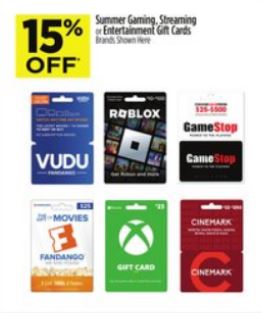 Dollar General in store 15 off select gift cards Gamestop VUDU Roblox Fandango XBOX Cinemark