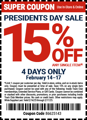 Harbor Freight President's Day Sale, Feb 14-17, 15% off any single item