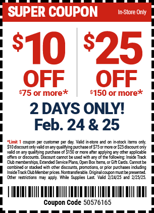 Harbor Freight coupon, $10 Off $75 Or More, $25 Off $150 Or More, 2/24 - 2/25