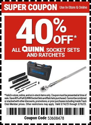 Harbor Freight Parking Lot Sale Extended, 40% off Quinn ratchet/socket sets, 50% off Hardy/nitrile gloves + more thru 3/16