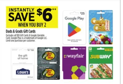 Dollar General in store, save $6 off two gift cards (2x $25 gift cards for $44), Lowe's, Google Play + more