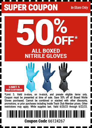 Harbor Freight coupons, 40% off Icon wrenches, 30% off Pittsburgh steel floor jacks, 50% off boxed nitrile gloves, 50% off tarps, in store with coupon, 6/20-6/22