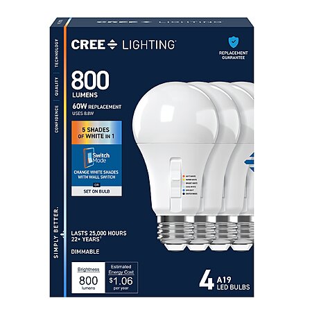 4-Pack Cree Lighting A19 60W EQ Switchable White Dimmable LED Bulbs $10 + Free Store Pickup