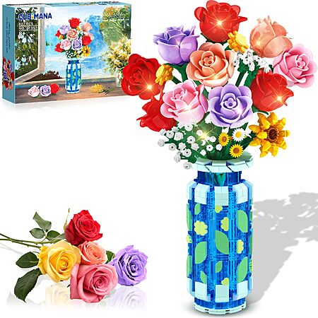 Roses Flowers Building Set with Vase & LED Light, Valentine‘s Day Gifts ...