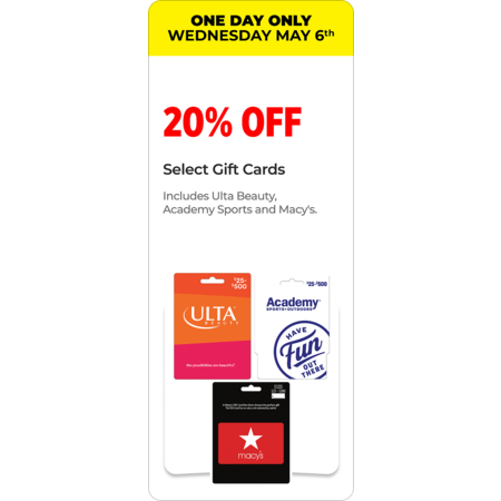 Image for article Dollar General, May 6, 20% off Ulta, Academy Sports and Macys gift cards, in store