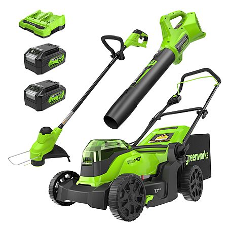 Greenworks 48V (24V x 2) 17" Brushless Mower+12" String Trimmer +320CFM Blower,(2) 4.0Ah Batteries and 2A Dual Port Charger, $349.99, Amazon