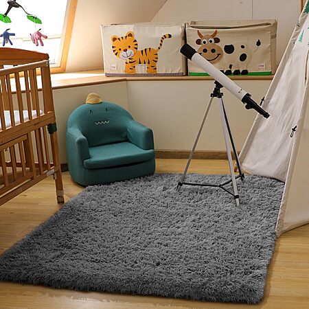 Ophanie 4x6 Fuzzy Shaggy Living Room Plush Rug, Grey, $12.99, FS Prime, Amazon