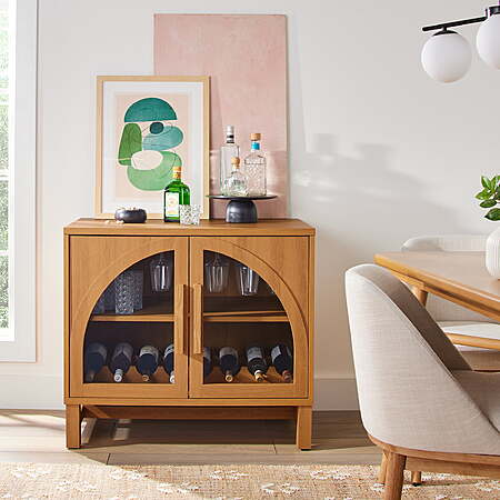 Better Homes & Gardens Juliet Bar Cabinet with Storage, Light Honey Finish, $123, FS, Walmart