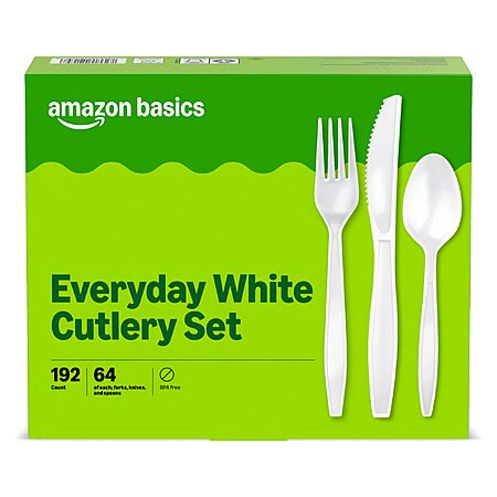 192 count, Amazon Basics Disposable Everyday White Assorted Cutlery Set, Combo Pack, Forks, Spoons, and Knives, $5.30 with S&S, Amazon