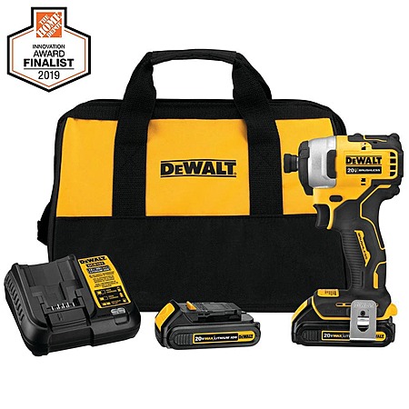 DEWALT ATOMIC 20V MAX Cordless Brushless Compact 1/4 in. Impact Driver, (2) 20V 1.3Ah Batteries, Charger, and Bag, $119, FS, Home Depot