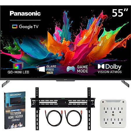 with 2x HDMI cables, wall mount, Panasonic 55" W85C 4K 3840x2160 60Hz QD-Mini LED Google TV (2026) Bundle, $479.99, Amazon