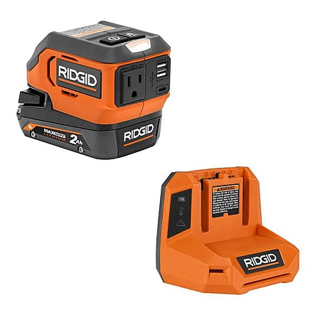 RIDGID 18V Cordless Inverter Kit with 2.0 Ah MAX Output Lithium Battery, 18V Lithium Charger, and 18V AC Inverter, $79, FS, Home Depot