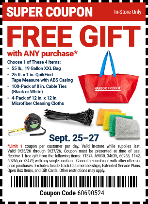 Harbor Freight, FREE gift with any purchase, cable ties, microfiber towels, XXL bag or tape measure, 9/25-9/27, in store
