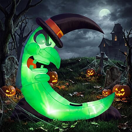 9FT Green Witch Moon Halloween Inflatables Outdoor Decorations, with stool and LED lights, $44.99, Amazon