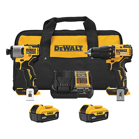 with 2 5AH batt, DEWALT 20-volt max 2 -Tool Brushless Power Tool Combo Kit with Soft Case, $249, Lowe's