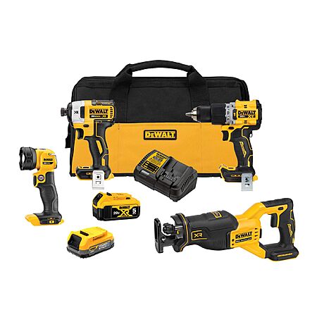 DEWALT 20V MAX XR Brushless 4-Tool Combo Kit with POWERSTACK Compact Battery, 5.0Ah Battery, Charger and Tool Bag, $399, lowe's