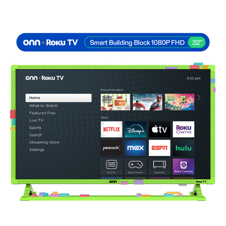 onn 32 in 1080p FHD Building Block Smart Roku TV, green, white, gray, $124, FS, Walmart