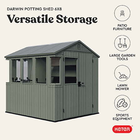 Keter Darwin 6x8 ft. Walk-in Potting Shed with Built-in Ventilation, Windows and Double Lockable Doors, Green, $1,271.99, Walmart