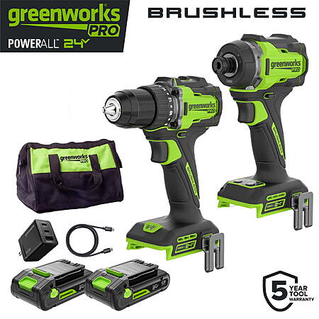 Greenworks PRO PowerAll 24V 530 in-lb Drill Driver and 2,200 in-lb Impact Driver Combo Kit, with (2) 2.0 Ah Batteries, 65W Charger, 3' Cable, Belt Clips, and Carrying Bag