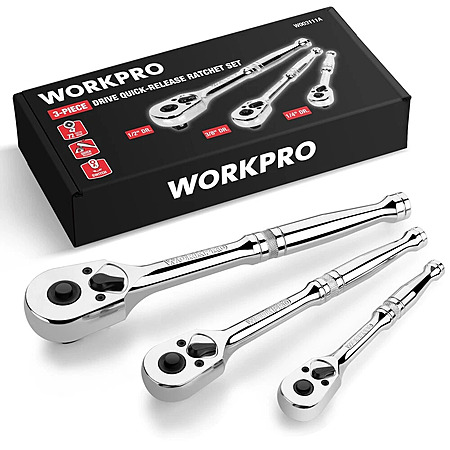 $23.19, FS, WORKPRO 3PC Ratchet Set Quick Release Reversible 72-Tooth 1/4" 3/8" 1/2" Drive