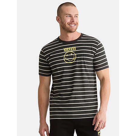 $7.50, S-L, WM, Nirvana Men's & Big Men's Smiley Striped Graphic Tee, u