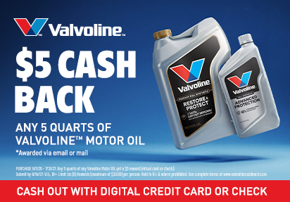 Purchase Any 5-qt Bottle or Five 1-qt Bottles of Valvoline Motor Oil Get $5 Visa Virtual Reward Card via Rebate