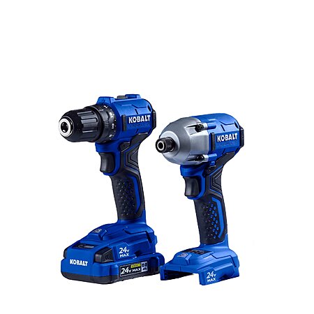 $129, Kobalt 24-volt Max Brushless Cordless Drill/Driver and Impact Driver 2-Tool Combo Kit with 2 Ah Battery and Charger, Lowe's