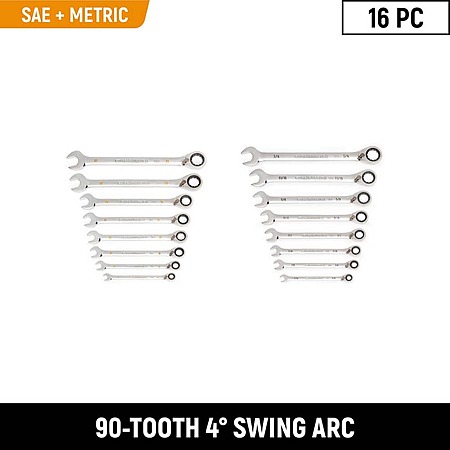 GEARWRENCH 16-Piece SAE/Metric 90-Tooth Reversible Combination Ratcheting Wrench Set