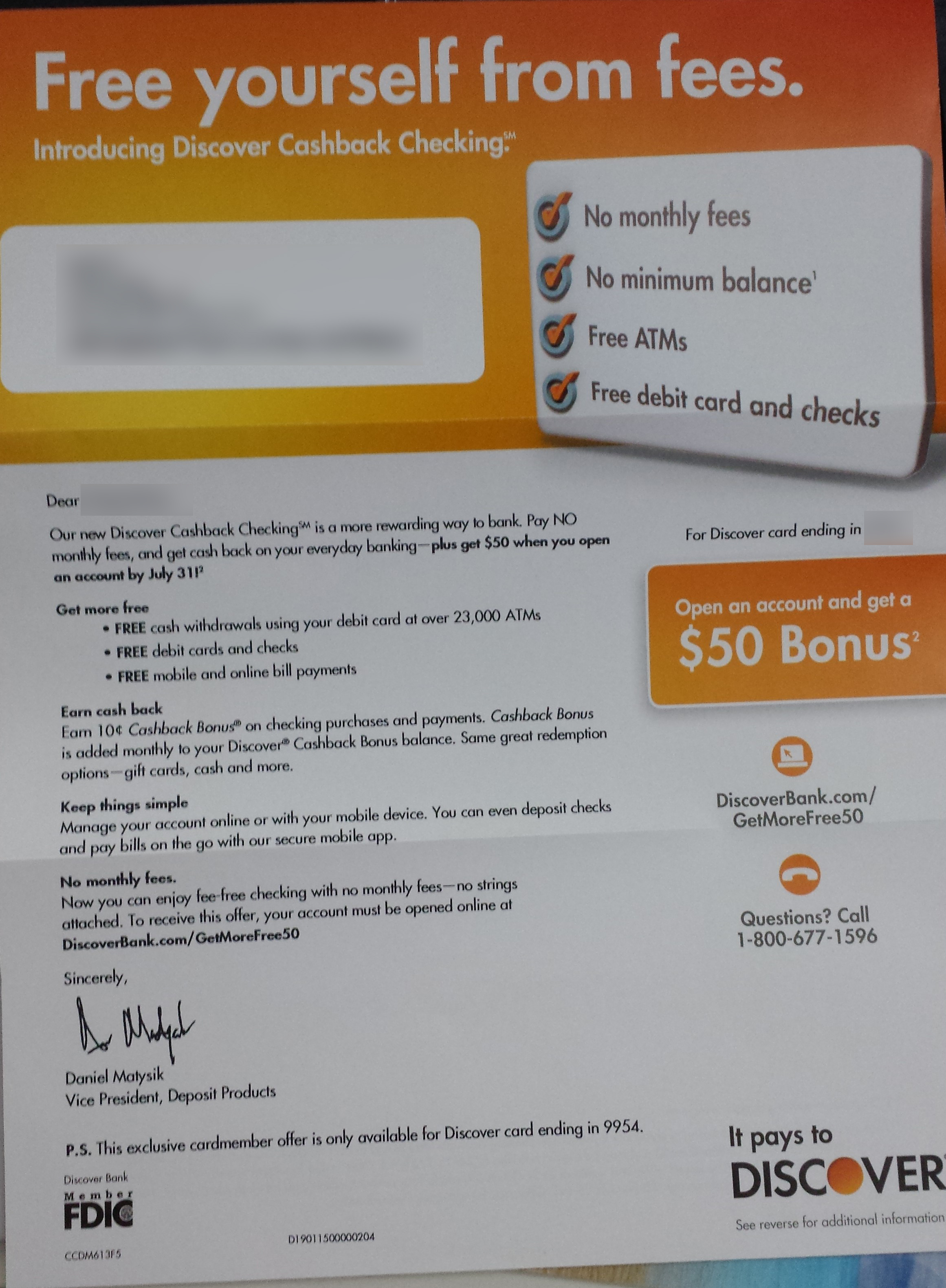 $50 bonus for new Discover Cashback checking account *For Discover Card Member Only*