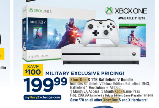 Xbox One S 1TB Battlefield V Bundle - Navy Exchange $199.99