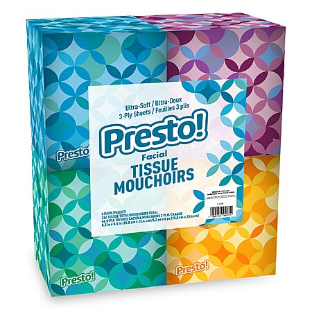 4-Pack 66-Count Presto! Ultra-Soft 3-Ply Premium Facial Tissues $4.09 w/ S&S + Free Shipping w/ Prime or on orders over $35