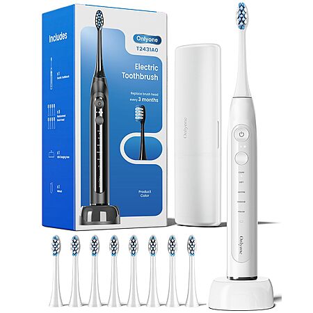 Onlyone Rechargeable Sonic Electric Toothbrush w/ 8 Brush Heads $9