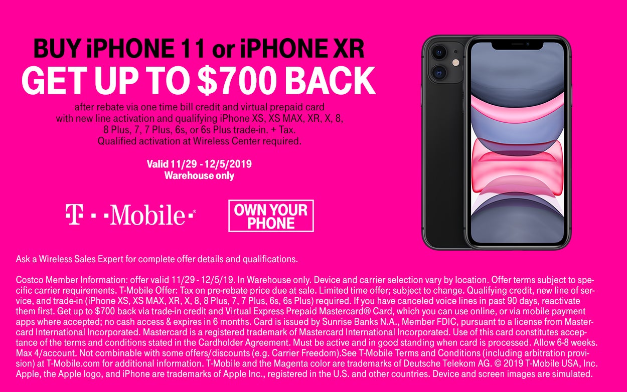 Costco Warehouse: Purchase iPhone 11 or XR (TMO) + Trade-In + New Line &amp;amp; Get rebate $700