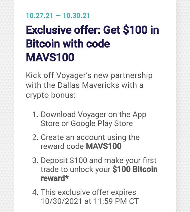 $100 in bitcoin for downloading the Voyager Digital app w/ promo code MAVS100 (Exp. 10/30)