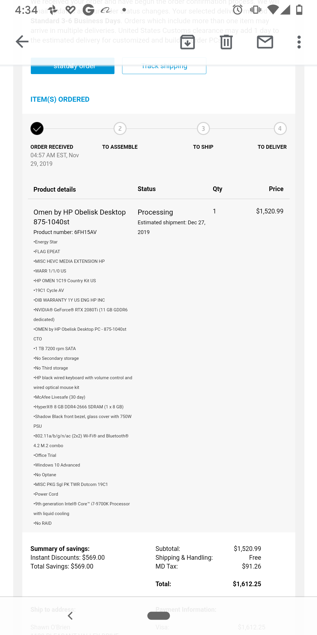 HP Omen Obelisk Desktop - Intel 9700K Nvidia rtx 2080 TI 1TB HDD 8GB RAM, $1234 YMMV CHASE