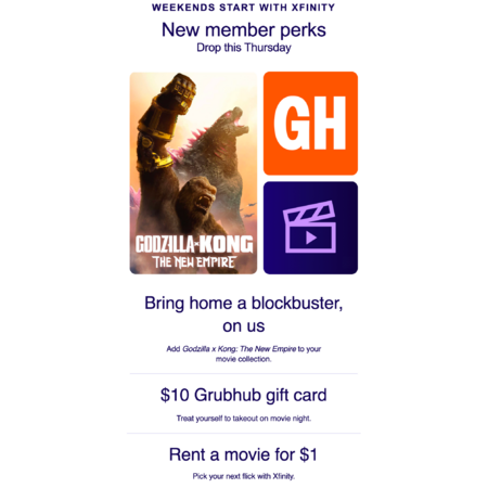 Xfinity Members: Godzilla x Kong for free + $10 Grubhub gift card + Rent a movie for $1