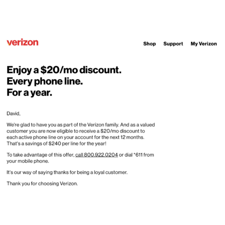 Verizon - Generate a transfer PIN and get $20 off each line for 1 year (YMMV)