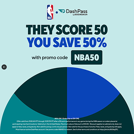 DashPass Members: Coupon for Delivery Order 50% Off (up to $10 Off)