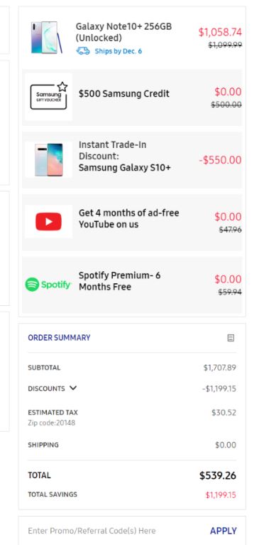 YMMV...Samsung Phones (Ex. Note 10+) with 500 $ Samsung online store credit +Trade-in  with EPP/Student Discount $539.26