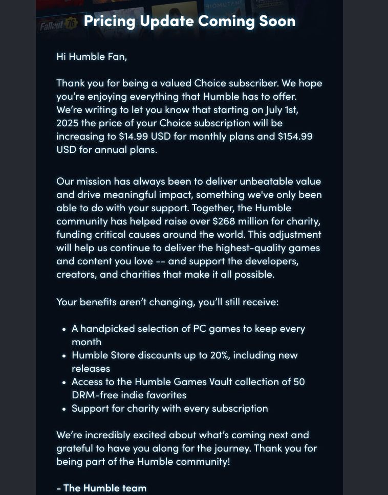 PSA: Humble Choice going up to $14.99/month starting July 1st.