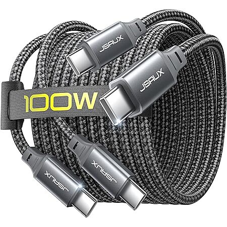 2-Pack 6.6' Jsaux 100W USB-C to USB-C Braided Fast Charging Cable $5.12 + Free Shipping w/ Prime or orders $35+