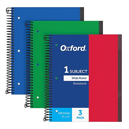 3-Pack 100-Sheet Oxford Spiral Notebooks (8.5