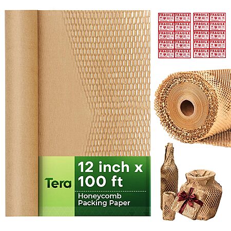 Tera 12" x 100' Honeycomb Kraft Cushioning Wrap Roll w/ 20 Fragile Labels $9.09 + Free Shipping w/ Prime or on $35+